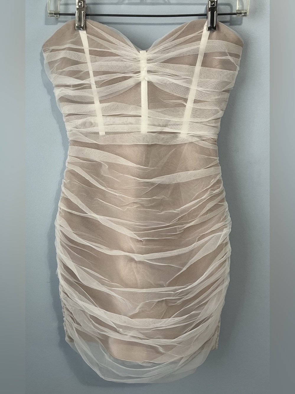NWT Fashion Nova Nude & White Mesh Strapless Sweetheart Neck Mini Dress Size S